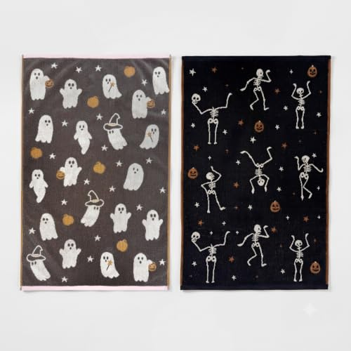 Odyssey Collection Luxury Pack of 2 Halloween Hand Towels 50 x 80cm – Super Soft, Absorbent, Quick Drying 100% Cotton Halloween Tea Towels, Spooky Home Halloween Decor, Plush 500GSM (Mixed)