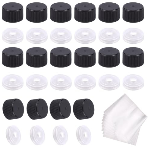 arricraft 40 Sets Black Plastic Screw Bottle Caps with 40 Pcs PVC Heat Shrink Film, 24/410 Dripper Orifice Reducer Bottle Emptying Cap for Water Soda Wine Bottles