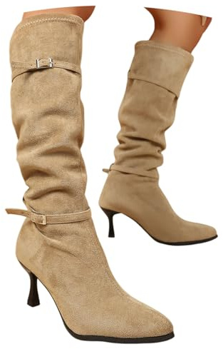LDXEQIZ Stivali in Pelle Scamosciata con Tacco Stivali Alti da Donna con Punta Affilata Eleganti Tacchi Alti con Fibbia Stiletti Autunnali/Invernali for Ufficio E Feste(Beige,42 EU)