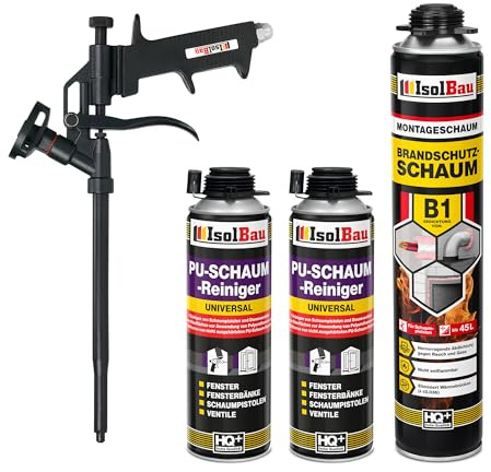 Isolbau - Bauschaum B1 - Montageschaum - PU-Schaum 750 ml - Pistolenschaum, 2 x PU-Schaum-Reiniger & 1 x Schaumpistole - 1K Brandschutzschaum - Dämmschaum - Abdichtung, Wärmedämmung