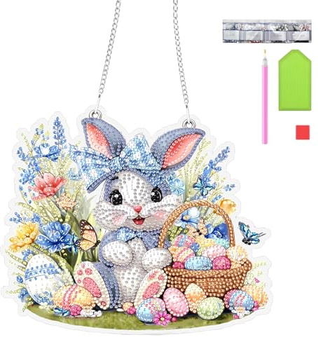 Diamond Painting Ostern Türschild mit Doppelseitigem Motiv, DIY Diamant Painting Fensterbild Anhänger mit Zubehör, Türkranz Ostern Deko für Zuhause, Fenster, Geschenke für Kinder und Erwachsene