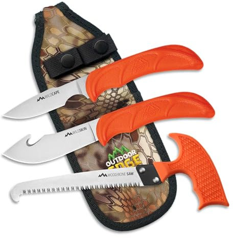 OUTDOOR EDGE WildGuide Ensemble de 4 couteaux de chasse et kit de pansement de terrain | Avec lame de caping tranchante comme un rasoir, couteau à écorcher à crochet d'évidence, scie à os, dans une