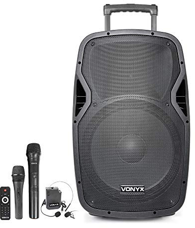 Vonyx AP1500PA 15-Inch Portable PA Speaker, Battery Powered Bluetooth System with All-Day Charging, Versatile Audio Solution for Events, Gatherings and Performances