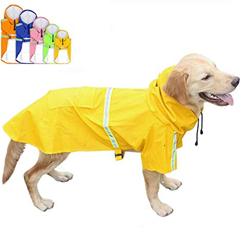 FEimaX Hunderegenmantel Wasserdicht Hunde Regenjacke mit Reflektierenden Streifen, Verstellbarer Regenmantel mit Kapuze und Kragenloch für Kleine Mittelgroße und Große Hunde