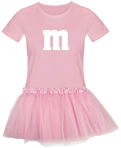 T-Shirt M&M + Tüllrock Karneval Gruppenkostüm Schokolinse 11 Farben Damen XS-3XL Fasching Verkleidung M's Fans Tanzgruppe, Größenauswahl:S, Farbauswahl:rosa - Logo Weiss (+Tütü rosa)