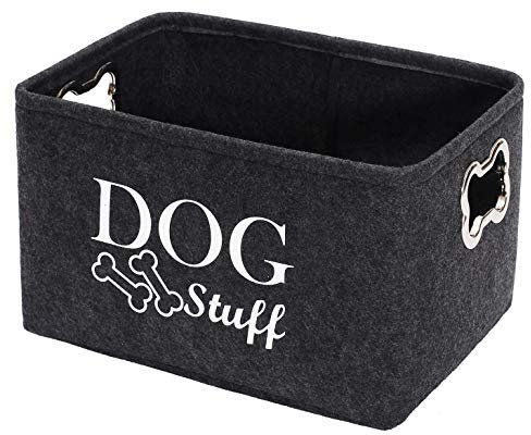 Geyecete Dog Toys Storage Bins Felt pet Baskets, Dog Toy Box Large with Designed Metal Bone-shaped Handle, Organizer Storage Basket for Pet Toys, Blankets, Leashes(DOG-Dark Grey)