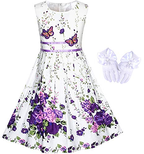 Sunny Fashion Mädchen Kleid Blume weiß lila Schmetterling Tee-Partz Handschuhe Prinzessin Kleid Gr. 110
