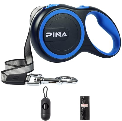 PINA Retractable Dog Leash, 26ft Dog Leash for Small Medium Large Dogs Up to 110lbs, 360° Tangle-Free Strong Reflective Nylon Tape, with Anti-Slip Handle, One-Handed Brake, Lock - Black Blue