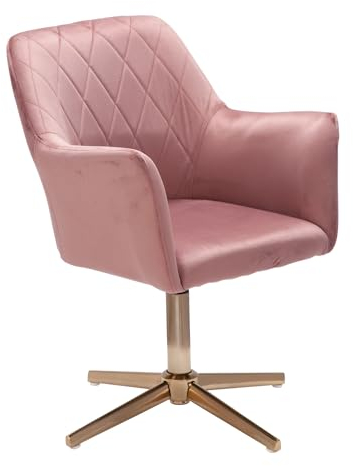 FineBuy Sedia Girevole Rosa Velluto Poltrona Scrivania Ergonomica 80-97 cm | Design Sedia Senza Ruote | Sedia Ufficio con Braccioli Imbottita Studio 120 kg