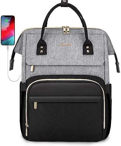 LOVEVOOK Sac à dos, pour femme et fille, avec compartiment pour ordinateur portable de 17 et port de charge USB, étanche, gris et noir
