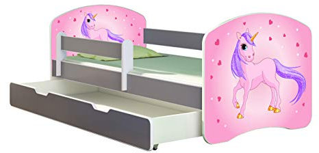 ACMA Kinderbett Jugendbett mit Einer Schublade und Matratze Grau mit Rausfallschutz Lattenrost II (17 Pony, 180x80 + Bettkasten)