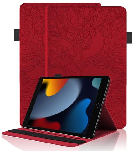 Hülle für iPad 10,2 Zoll 2021/2020/2019 (iPad 9/8/7 Generation) mit Stifthalter PU Leder Schutzhülle Flip Case Cover mit Ständer Kartentasche für iPad Air 3 2019 / iPad Pro 10,5 2017, Rot