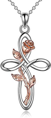 YFN Rose Fleur Croix Collier en Argent Sterling Infini Amour Noeud Celtique Pendentif Collier pour les Femmes Maman Femme Fille