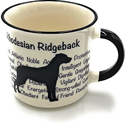 Rhodesian Ridgeback Tasse, Hunde-Silhouette, Schwarz auf weißer Tasse, Eigenschaften auf Tasse, Kaffeetasse, Teetasse, tolles Geschenk für Hundebesitzer