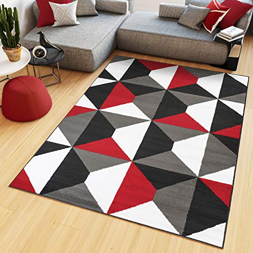 TAPISO Maya Teppich Kurzflor Grau Weiß Rot Modern Geometrisch Vierecke Figuren Design Wohnzimmer Schlafzimmer Büro ÖKOTEX 120 x 170 cm