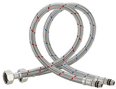 Heable Pack of 2 Kitchen/Basin Monobloc Mixer Tap Connectors Flexi Pipes Tails British Standard Pipe M10 x1/2 Fitting 600mm Long (Silver Pipes)