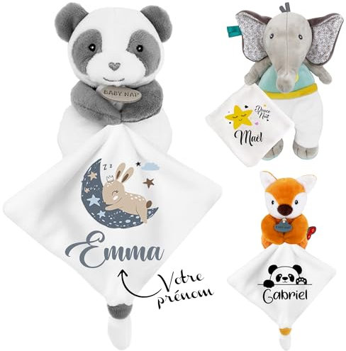 KDO MAGIC - Doudou personnalisé - Personnalisable avec Un prénom - Peluche personnalisée - Cadeau Naissance, garçon, Fille, bébé, Anniversaire (Lune Bleu, Panda)