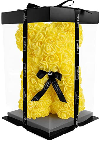 Infinity® Rosenbär Gelb 25 cm – Handgefertigter Bär mit Geschenkbox & über 300 duftenden 3D-Rosen – Geschenk für Frauen, Geburtstag oder Jahrestag