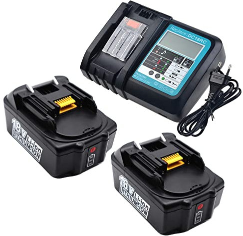 Batteria Per Makita 18V 5 Ah con caricatore DC18RC, compatibile con Makita 18 V, BL1850, BL1840, BL1830, BL1820, BL1815, BL1860, con 2 batterie di ricambio da 18 V, 5,0 Ah, BL1850B