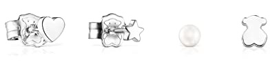 TOUS Packung mit 4 Ohrringen aus Sterlingsilber für Frauen mit Zuchtperlen und Bär, Herzen, Sternen und Perlen Designs mit Druckknopfverschluss, elegant und vielseitig, Kleber