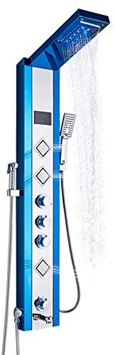 NEWCES Thermostatic Shower Panel Column Tower Stainless Steel LED Shower System with 5 Functions Unique Hydromassage and Waterfall Shower