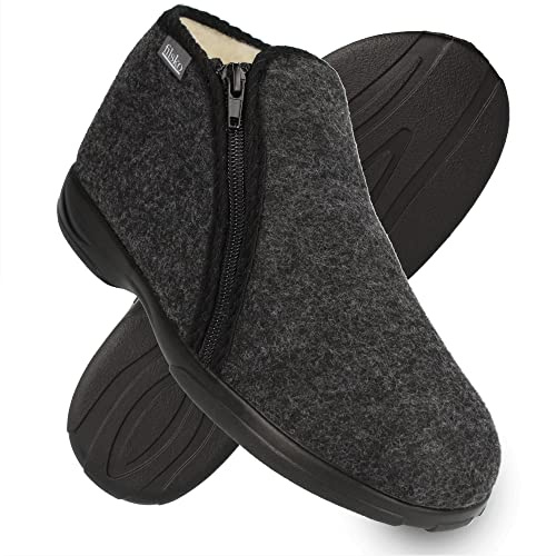 filsko® Kramfors - Winter Hausschuhe - weiche Fütterung aus Schafwolle - rutschfeste Sohle - mit Reißverschluss - nie wieder kalte Füße - biegsame Schuhvorderkappe - grau - 45 EU