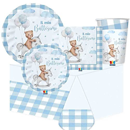 irpot kit n42 per 16 persone battesimo teddy bear celeste con piatti dessert bambino decorazioni piatti carta bicchieri tovaglioli azzurro party festa battezzo bimbo pastello scacchi