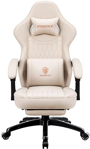 Dowinx Gaming Chair with Spring Cushion,Racing Gamer Chair with Massage Lumbar Support, Ergonomic Gaming Armchair with Footrest Office Chair PU Leather White