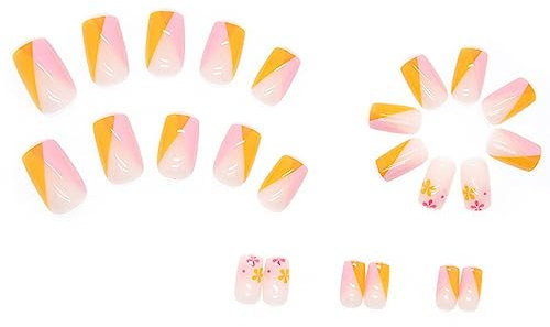 Clear Long Nail Tips for Acrylic Nails Mid Length Square Nail Pieces Orange And Pink Two Color Cute Flower Nails Border Foreign Trade Nail Pieces Nail (with Ballerina Nails Full Cover Short Length