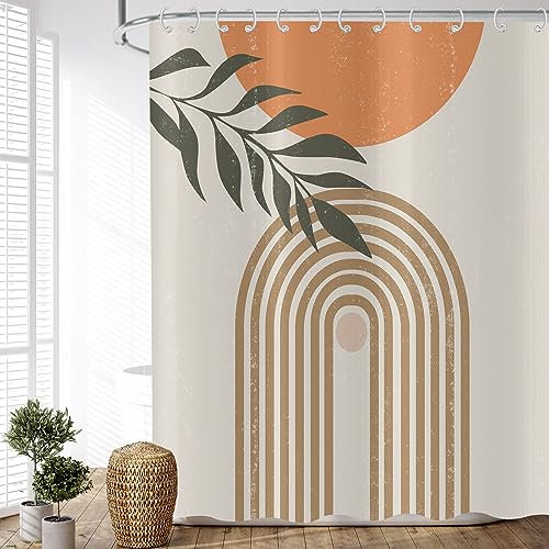 ASDCXZ Duschvorhang Boho Style 180x220 cm, Modern Abstrakt Kunst Blätter Sonne Linien Bogen Beige Bad Waschbar Duschvorhänge Polyester Textil Wasserdicht Duschvorhang für Badewanne mit 12 Haken