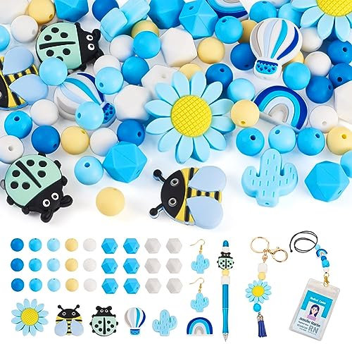 Boutigem 74 perline in silicone rotonde ottagonali esagonali, girasole, cactus, arcobaleno, ape, coccinella, palloncino, perline in silicone per la creazione di gioielli