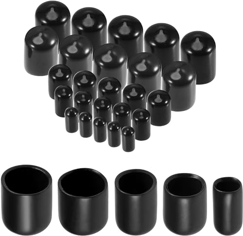 Boxonly Gummi-Endkappen, 5 Größen (6 mm, 9 mm, 12 mm, 16 mm, 19 mm), Vinyl, Runde Endkappen, Schraubengewinde, Schutz, Vinyl, Schwarz