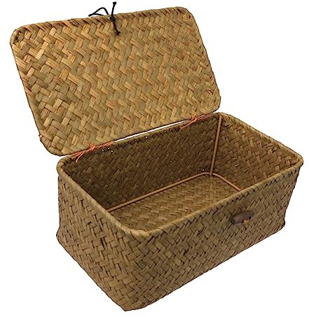 Rattan Woven Storage Basket With Lid - Natural Handwoven Desktop Organizer for Clothes, Sundries - Home Decor Box for Bedroom Decluttering