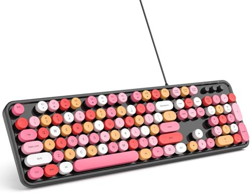 MOWUX Clavier d'ordinateur filaire, Plug and Play, clavier rond rétro USB pour machine à écrire, clavier filaire pleine taille avec supports pliables pour ordinateur portable et PC de bureau - Noir