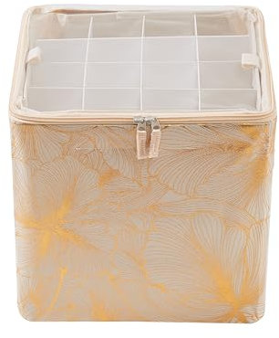 Periea 'Carol' Christmas Bauble Storage Box with 64 Slots: Collapsible with Metal Frames, Dividers, and Zippered Closure - Ideal for Delicate Xmas Ornament Decorations & Baubles - Gold Fern