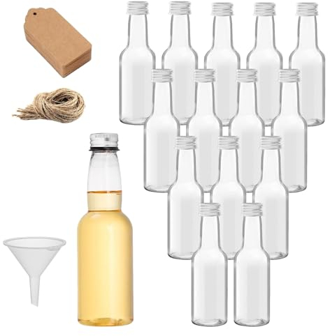 15 Pièces Mini Bouteille Vide pour Alcool, Bouteilles Miniatures Réutilisables 60 ml, Bouteilles en Plastique Réutilisables, avec Couvercle et Entonnoir, étiquette en Papier Kraft