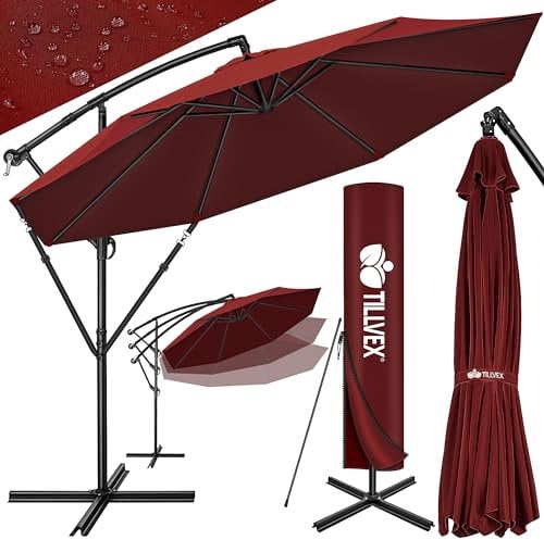 tillvex Alu Sonnenschirm + Abdeckung Ø 350 cm mit Kurbel | Ampelschirm mit Ständer & Windschutz | Gartenschirm UV-Schutz Aluminium | Kurbelschirm Marktschirm wasserdicht 360° drehbar Rot