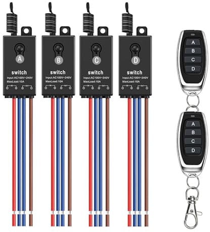 Meskliu 4way Fernbedienung Schalter,AC 220V/230V/240V Mini Funkschalter mit Fernbedienung, 10A Funk Relais Wandschalter mit 328ft Long Range für Haushaltsgeräte, Deckenleuchten,Wasserpumpe