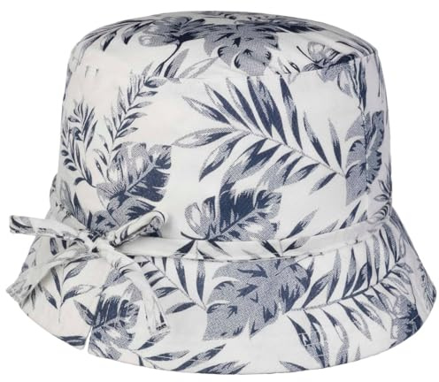 Lipodo Damenbucket Denim-Hut Fischerhut mit floralen Design Schleifendetail Packable Frühjahr Sommer weiß-blau S (55-56 cm)
