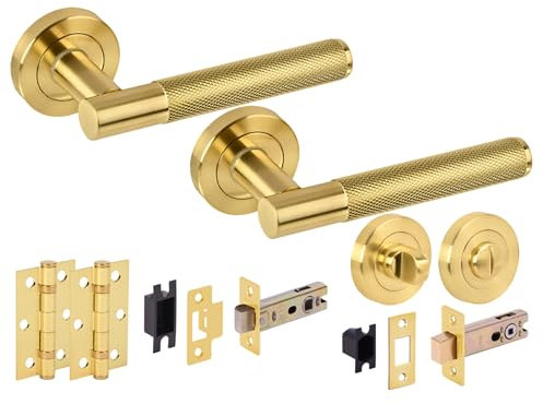 HANDLEZONE® Evo Knurled Grip Door Handles on Rose Bathroom Deadbolt Pack with Standard Turn Set, 76mm Lock and Latch, 75mm Ball Bearing Hinges - Brushed Brass