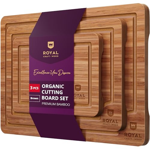 ROYAL CRAFT WOOD Wooden Cutting Boards for Kitchen Meal Prep & Serving - Bamboo Wood Serving Board Set with Deep Juice Groove Side Handles - Charcuterie & Chopping Butcher Block for Meat