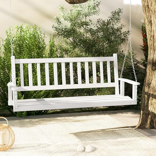 KOMFOTTEU Hängebank aus Pappelholz, 2-3-Sitzer Schaukelbank mit verstellbaren Metallketten, Hängestuhl mit Rückenlehne aus Lamellen, Hollywoodschaukel für Garten (Weiß, 168x65x63 cm)