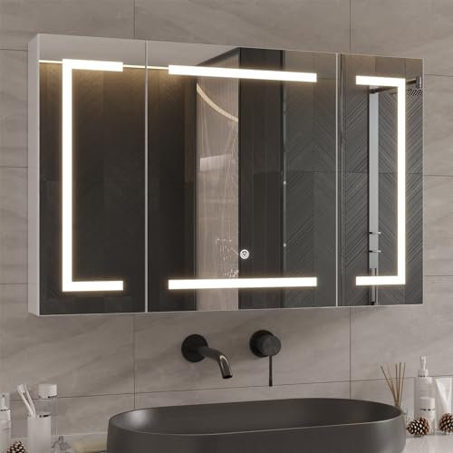 DICTAC Armoire Toilette Miroir avec éclairage LED et Prise 100x13.5x60cm Métal Armoire de Toilette avec Miroir,Armoire Miroir Salle de Bain avec étagère Réglable,3 Couleur Lumiere