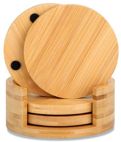 WLWNWFT Bambus Untersetzer für Gläser 4er Set, Runde Bambus Glasuntersetzer mit Halter, für Getränke, Bar, Tassen, Glas - Gläseruntersetzer Tassenuntersetzer Holz für Küche Tisch
