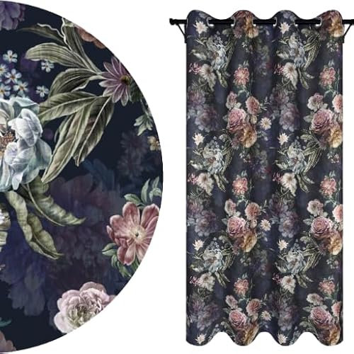 Voppi Deko-Vorhang für Wohnzimmer Schlafzimmer 140x240 cm Fenstervorhänge dekorativ dunkel mit bunten rosa Blumen Pfingstrosen grünen Blättern schöner blickdichter Vorhang für Zuhause