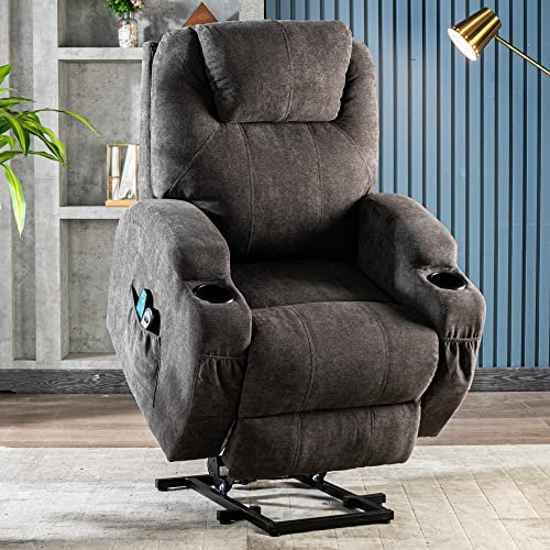 Power Lift Recliner Chair Massage Chair for Elderly, Electric Lift Chair with Heat and Massage, Fabric Recliner Sofa with 2 Cup Holders, Side Pockets & Remote Control for Living Room (Grey)