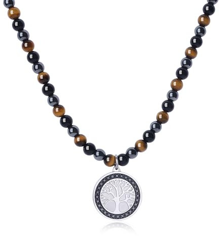 GAVU Collier Perle Homme, Collier Obsidienne Noire/Œil de Tigre Marron/Hématite pour Hommes, Pendentif Arbre de Vie, 55cm