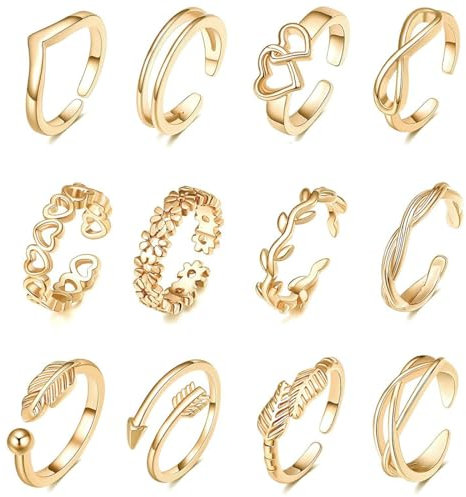 GXGM 12 Stück verstellbare Zehenringe für Frauen vergoldet einfache offene Pfeil Blume Herz Fußschmuck Zehenringe Set