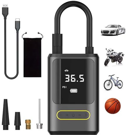 Inflador Ruedas Coche 6000mAh, 150PSI Compresor Aire Portatil Mini Bomba de Aire Bicicleta Electrica con Pantalla LCD Digital y Linterna LED,con 4 Boquillas para Coches, Motos, Pelotas