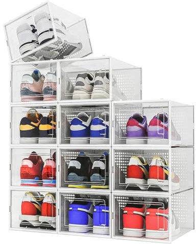 Alex Nash Stackable Shoe Storage Box - Clear Plastic Shoe Organiser Containers with Lid - Foldable, Extra Large, Pack of 12